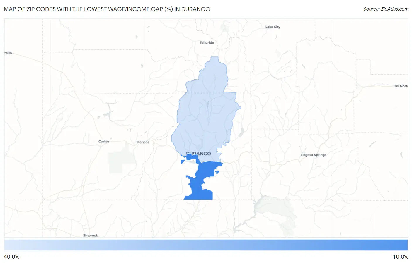 Zip Codes with the Lowest Wage/Income Gap (%) in Durango Map