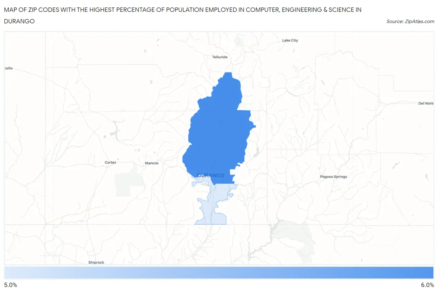 Zip Codes with the Highest Percentage of Population Employed in Computer, Engineering & Science in Durango Map