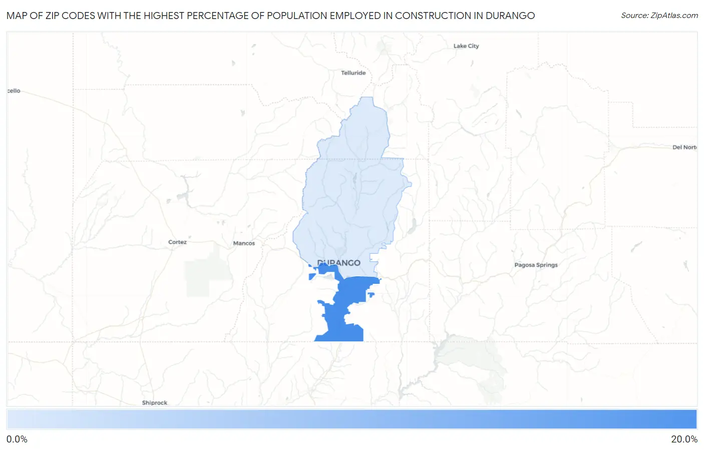 Zip Codes with the Highest Percentage of Population Employed in Construction in Durango Map