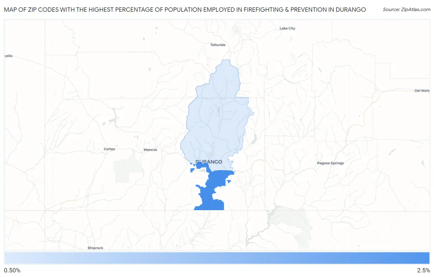 Zip Codes with the Highest Percentage of Population Employed in Firefighting & Prevention in Durango Map