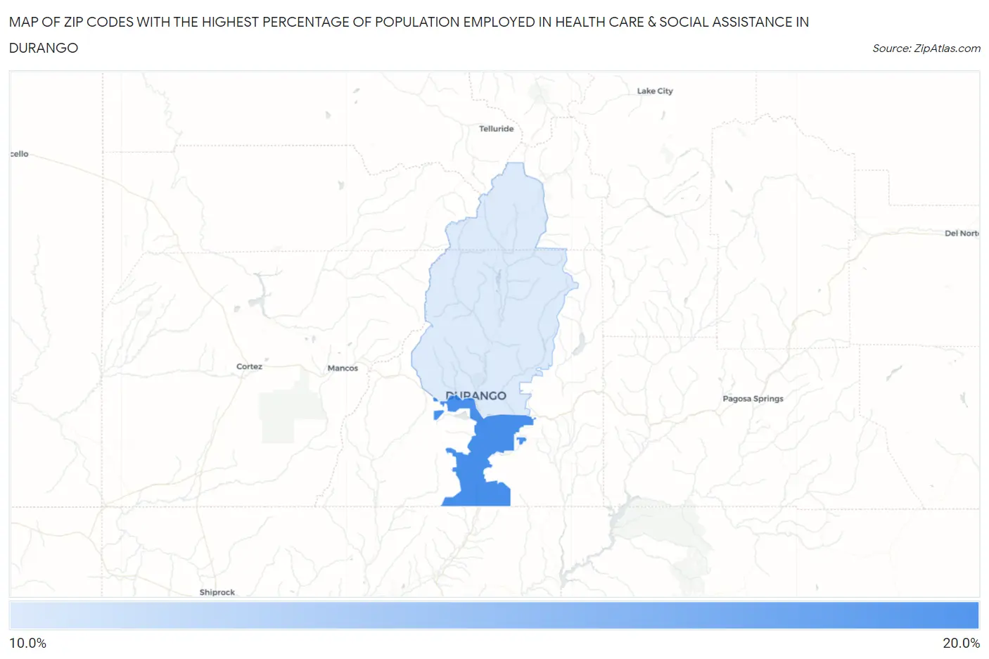 Zip Codes with the Highest Percentage of Population Employed in Health Care & Social Assistance in Durango Map