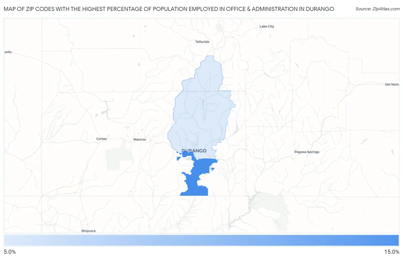 Zip Codes with the Highest Percentage of Population Employed in Office & Administration in Durango Map
