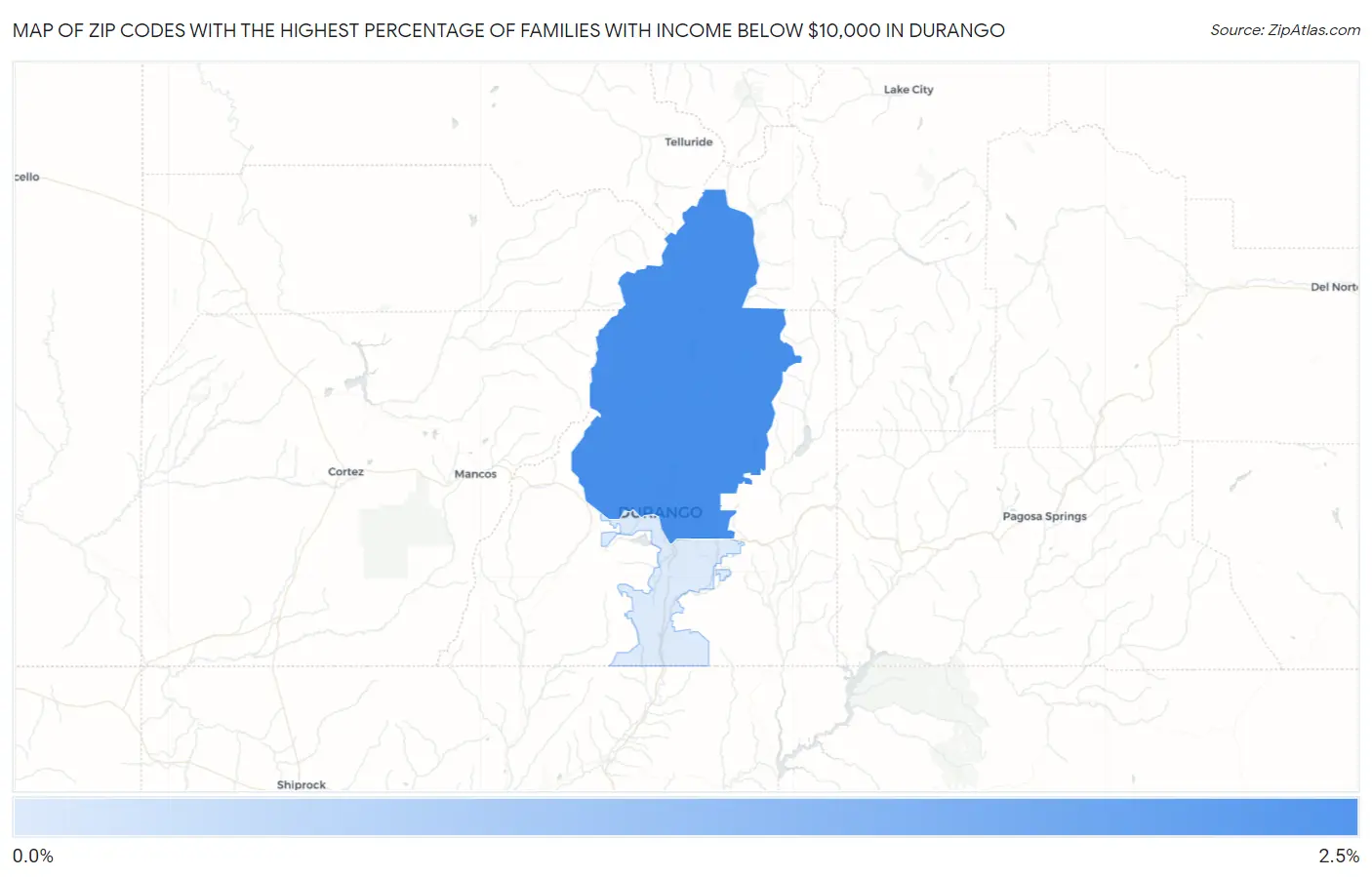 Zip Codes with the Highest Percentage of Families with Income Below $10,000 in Durango Map