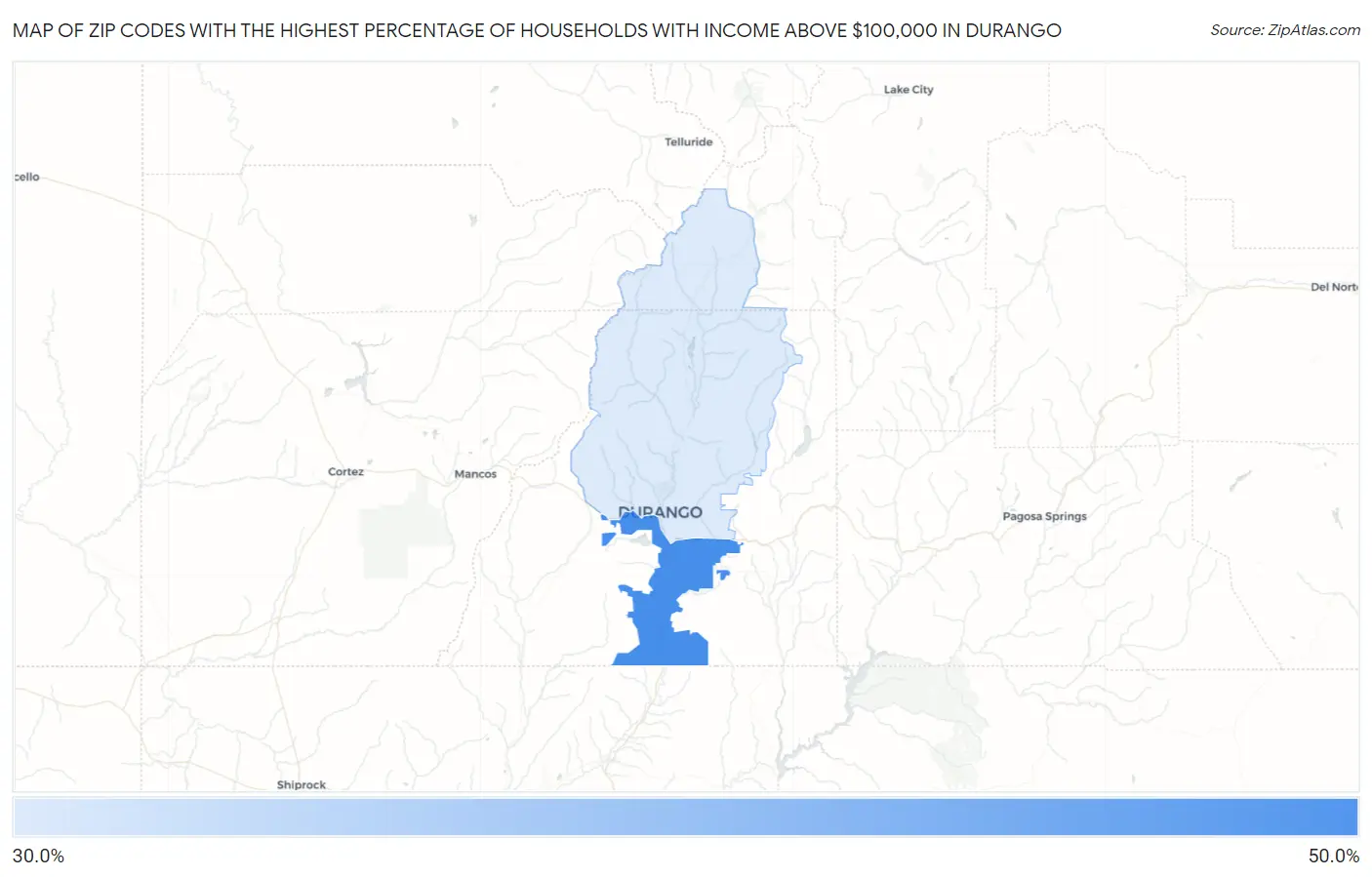 Zip Codes with the Highest Percentage of Households with Income Above $100,000 in Durango Map