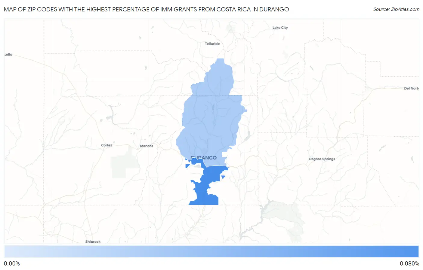 Zip Codes with the Highest Percentage of Immigrants from Costa Rica in Durango Map