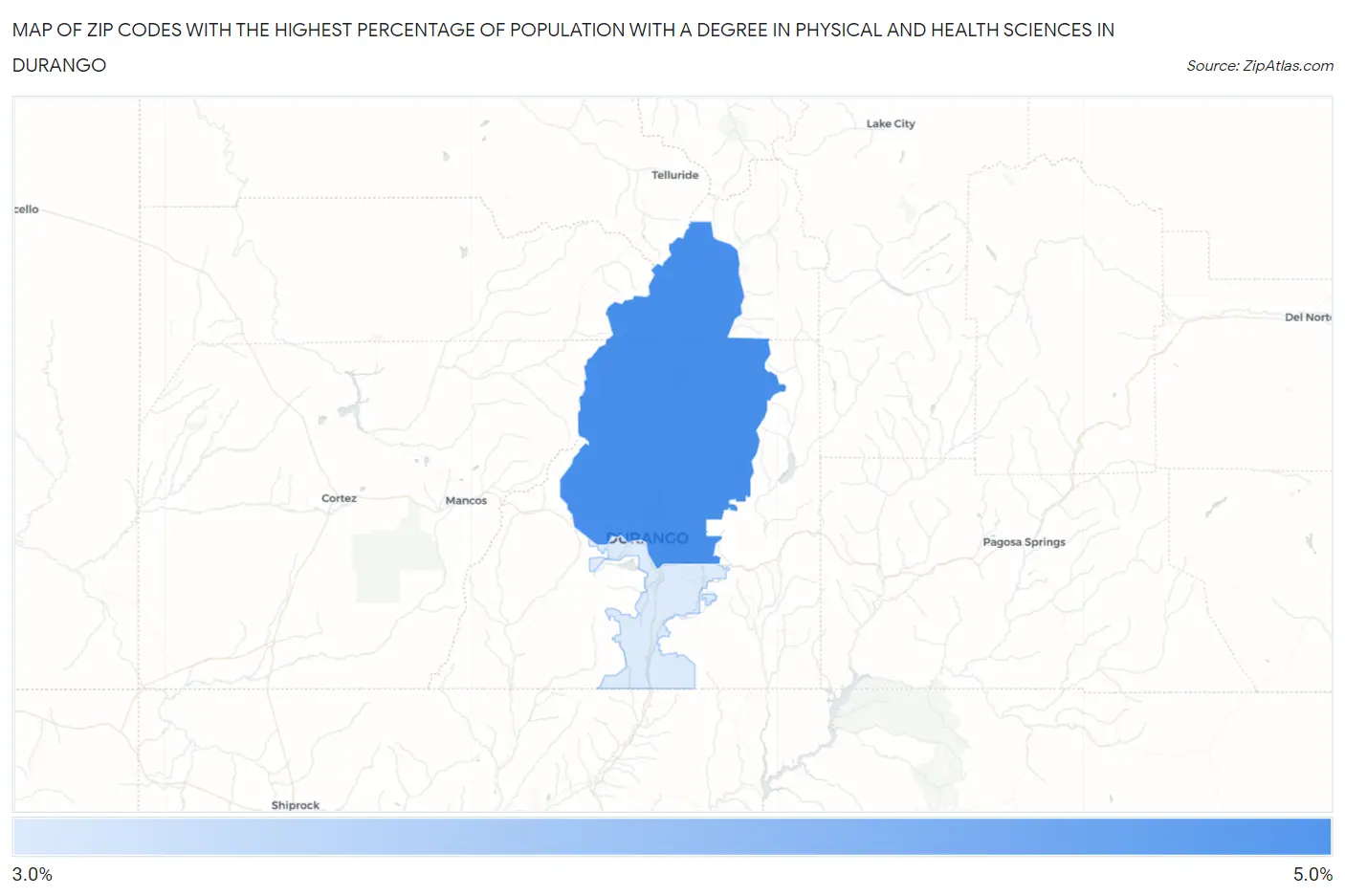 Zip Codes with the Highest Percentage of Population with a Degree in Physical and Health Sciences in Durango Map