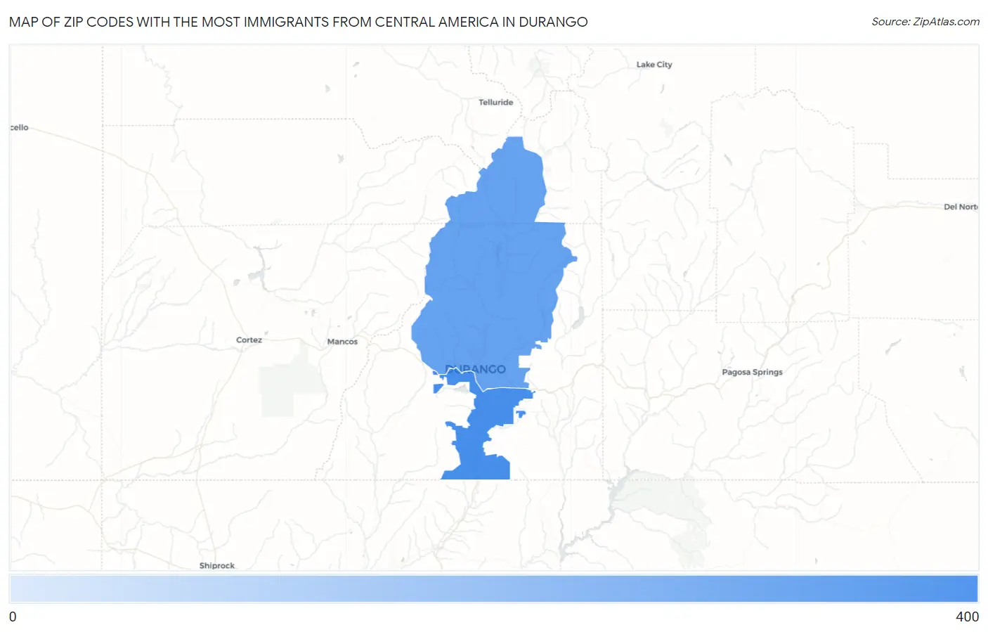 Zip Codes with the Most Immigrants from Central America in Durango Map