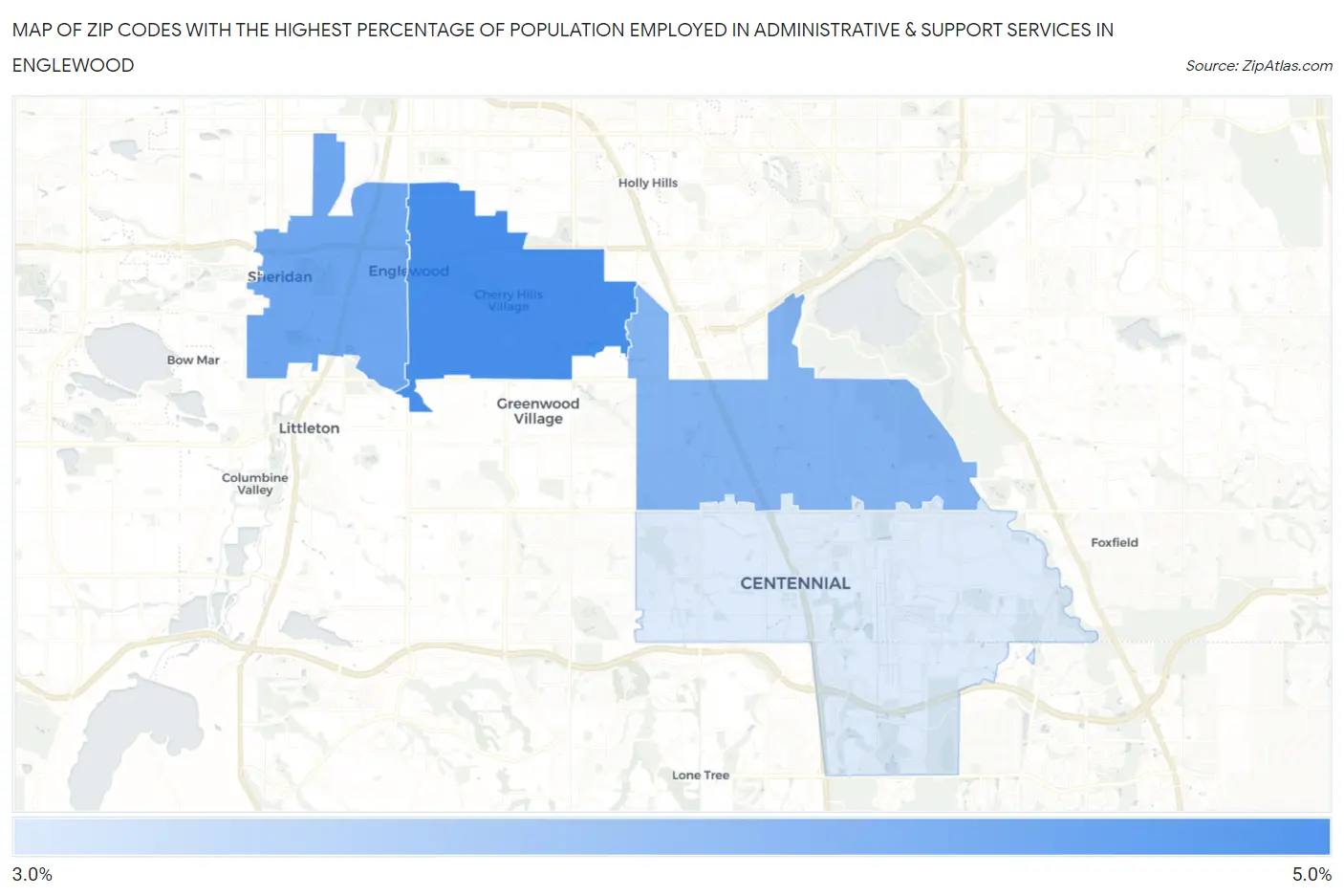 Zip Codes with the Highest Percentage of Population Employed in Administrative & Support Services in Englewood Map