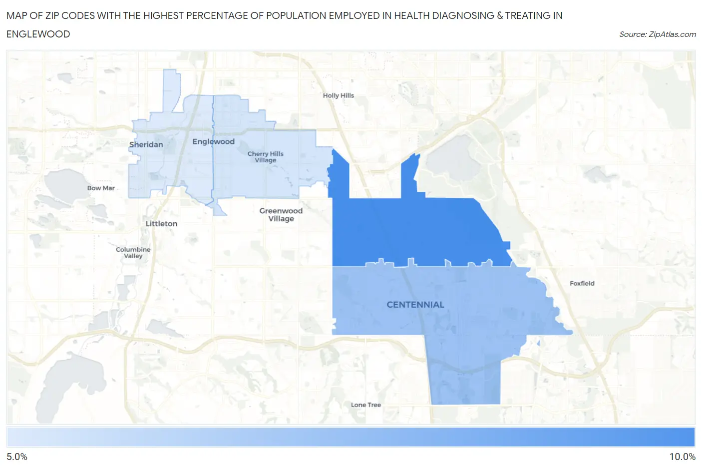 Zip Codes with the Highest Percentage of Population Employed in Health Diagnosing & Treating in Englewood Map