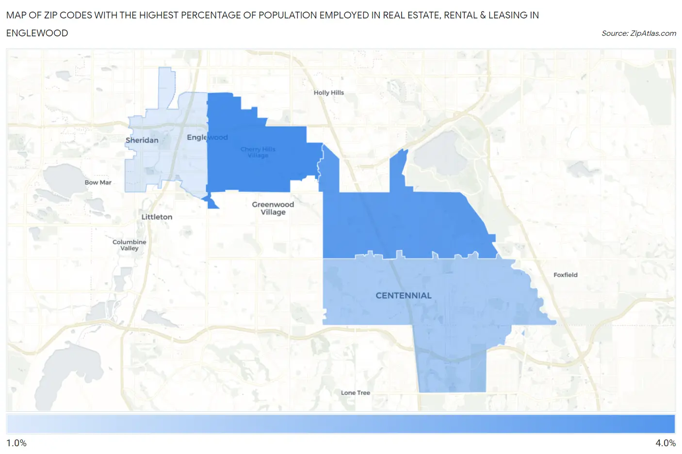 Zip Codes with the Highest Percentage of Population Employed in Real Estate, Rental & Leasing in Englewood Map