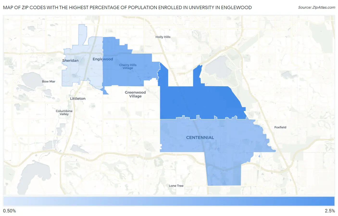 Zip Codes with the Highest Percentage of Population Enrolled in University in Englewood Map