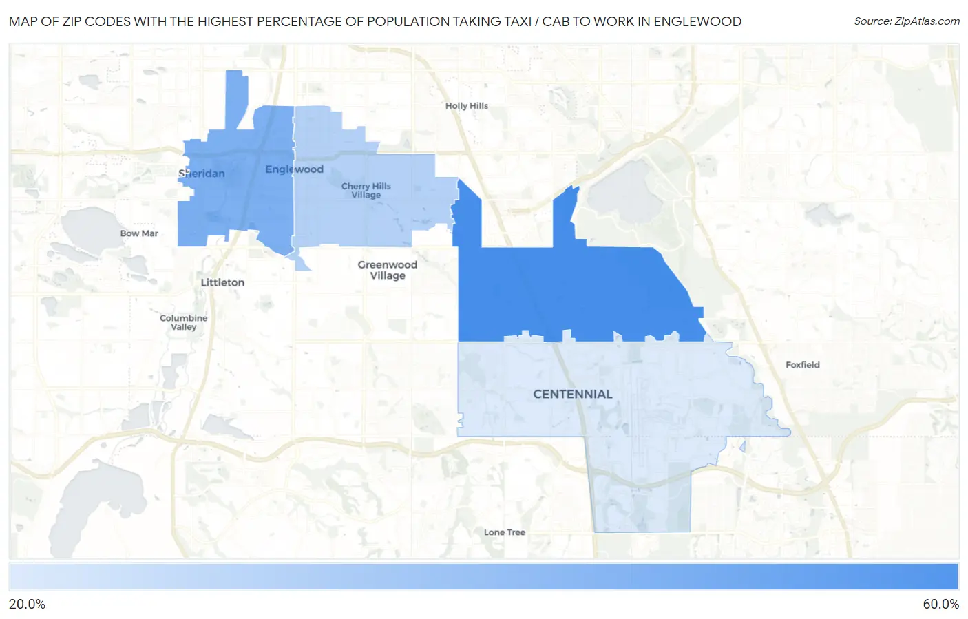 Zip Codes with the Highest Percentage of Population Taking Taxi / Cab to Work in Englewood Map