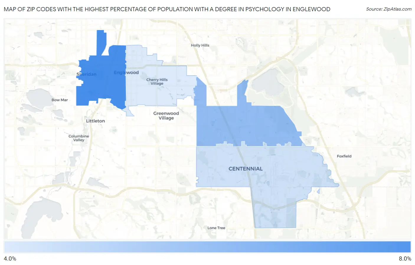Zip Codes with the Highest Percentage of Population with a Degree in Psychology in Englewood Map