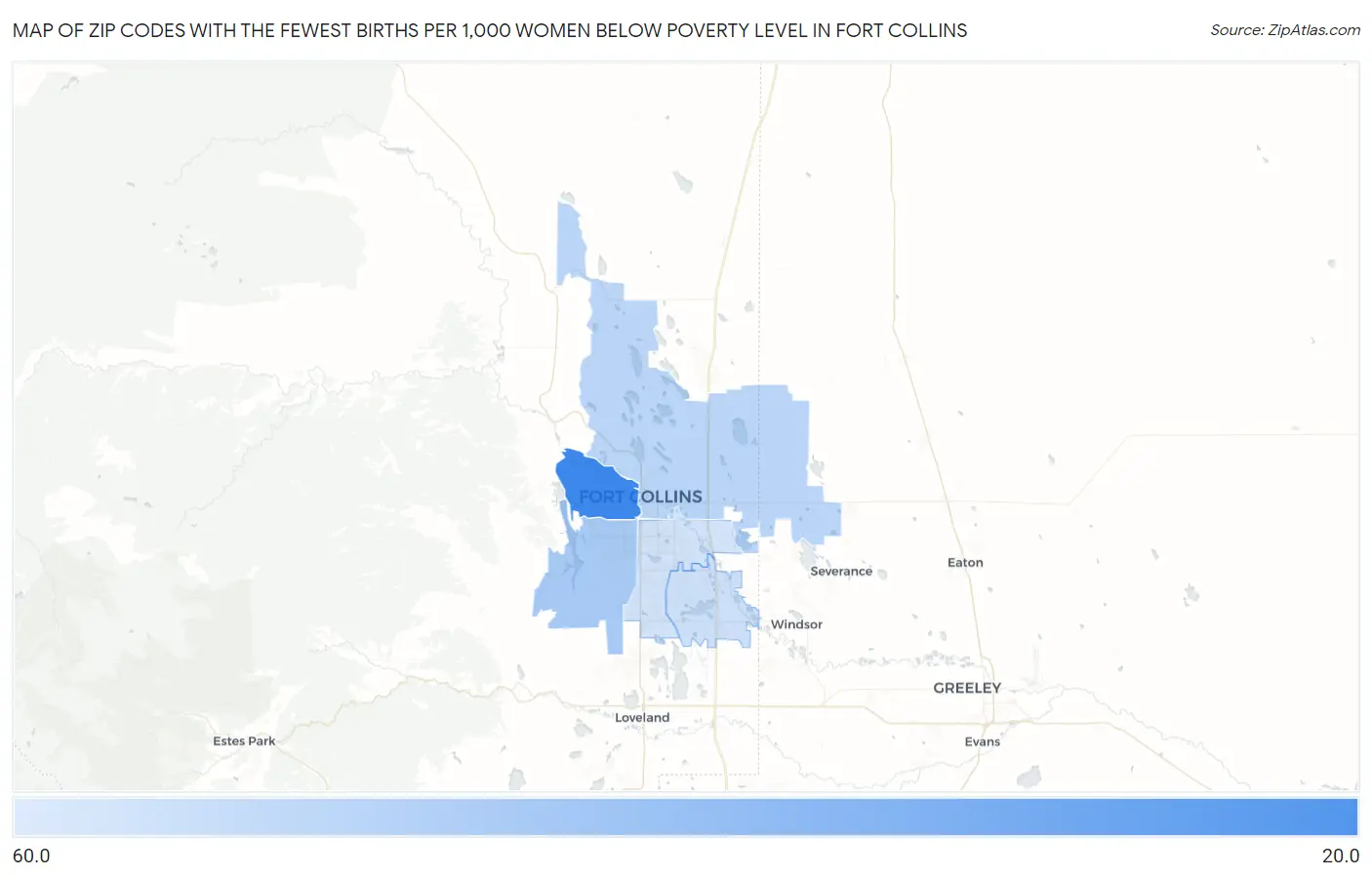 Zip Codes with the Fewest Births per 1,000 Women Below Poverty Level in Fort Collins Map