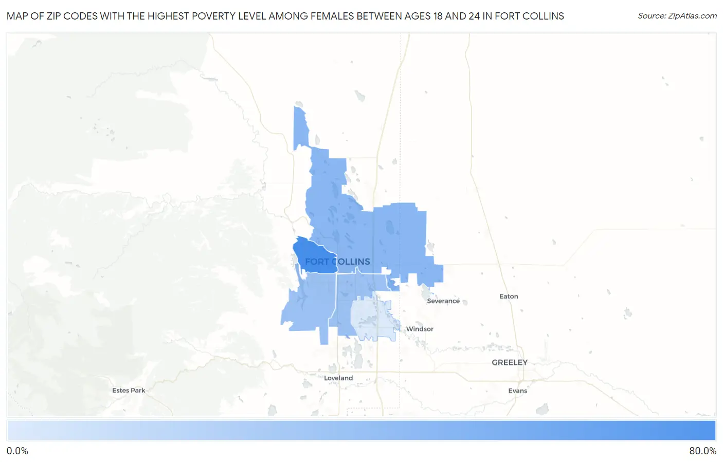 Zip Codes with the Highest Poverty Level Among Females Between Ages 18 and 24 in Fort Collins Map