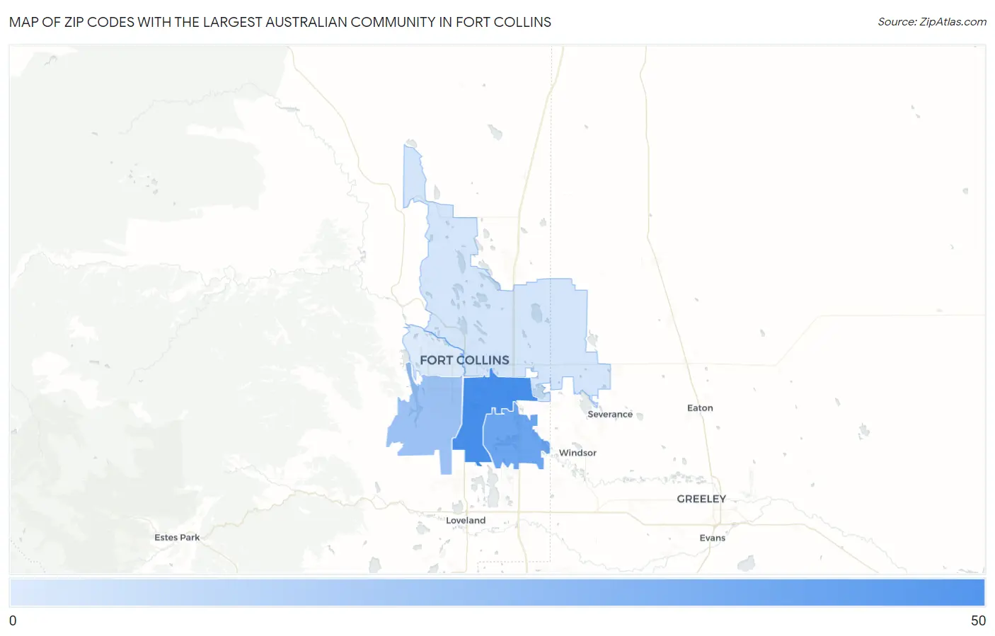 Zip Codes with the Largest Australian Community in Fort Collins Map