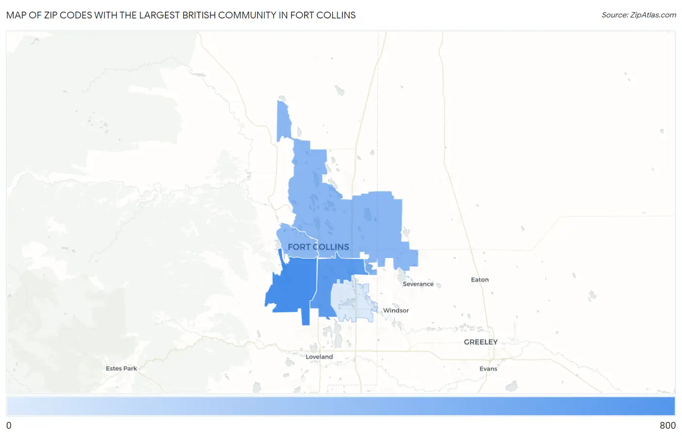 Zip Codes with the Largest British Community in Fort Collins Map