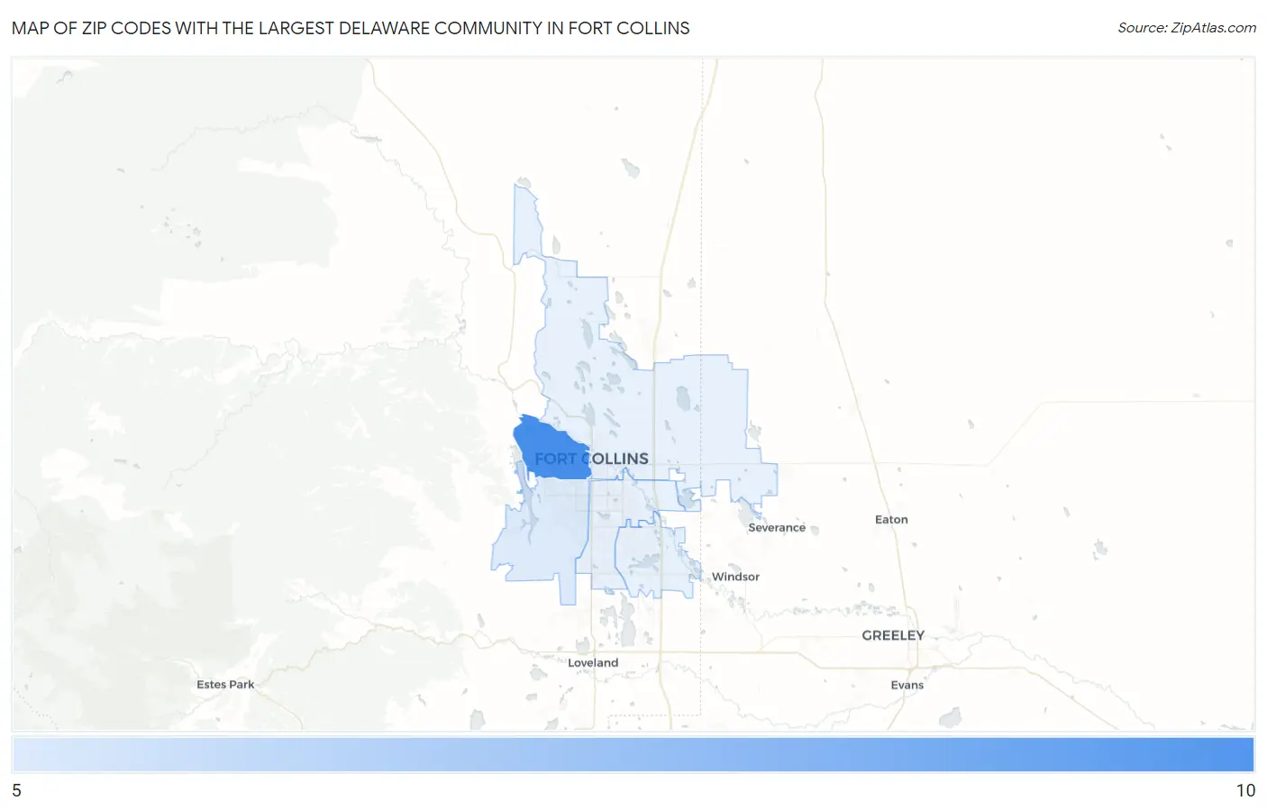 Zip Codes with the Largest Delaware Community in Fort Collins Map