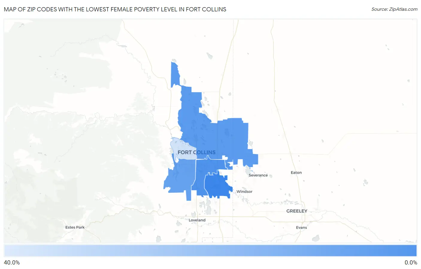 Zip Codes with the Lowest Female Poverty Level in Fort Collins Map