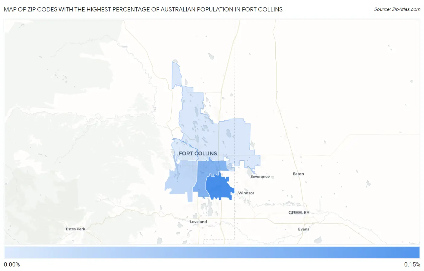 Zip Codes with the Highest Percentage of Australian Population in Fort Collins Map