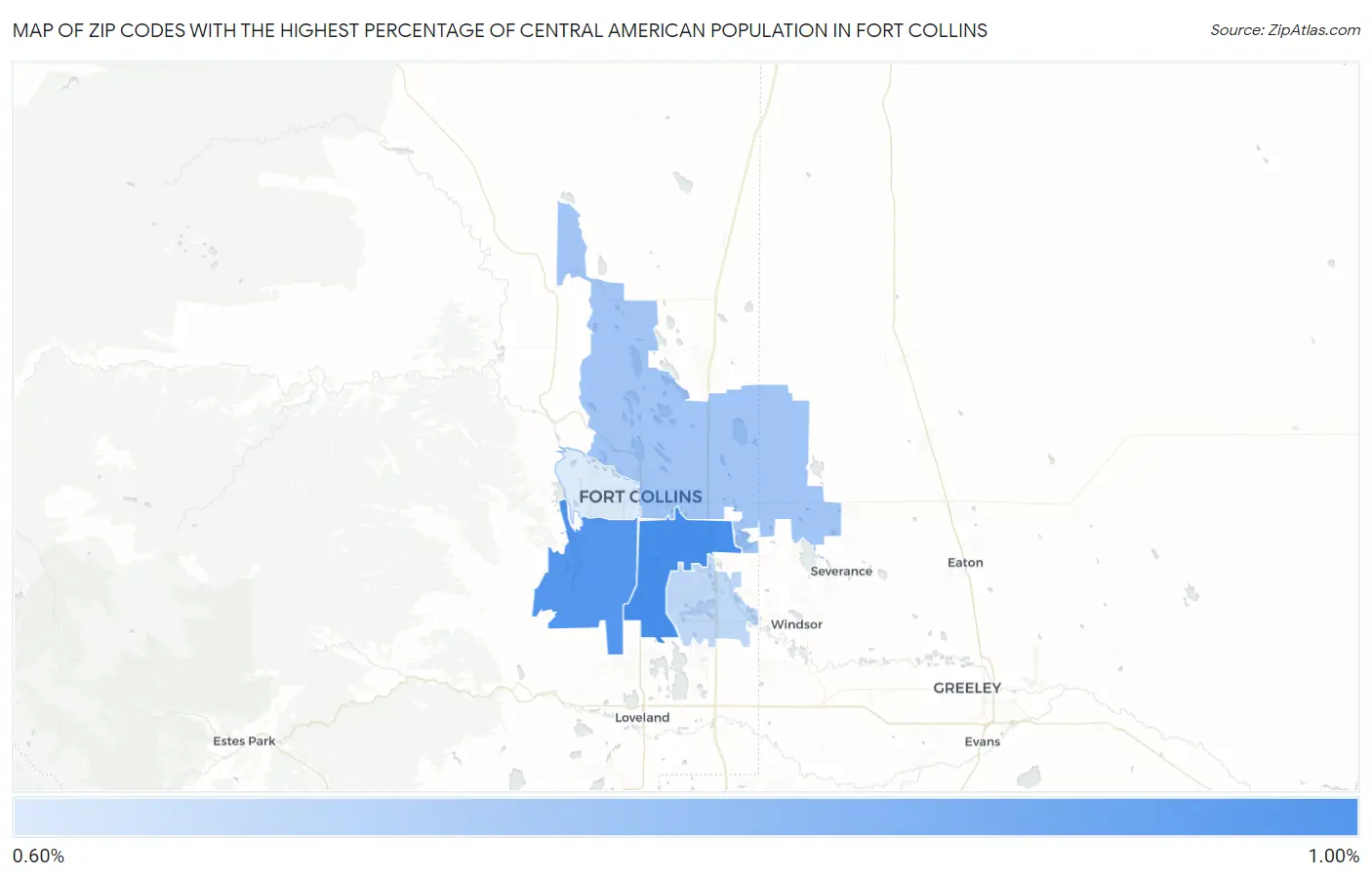 Zip Codes with the Highest Percentage of Central American Population in Fort Collins Map