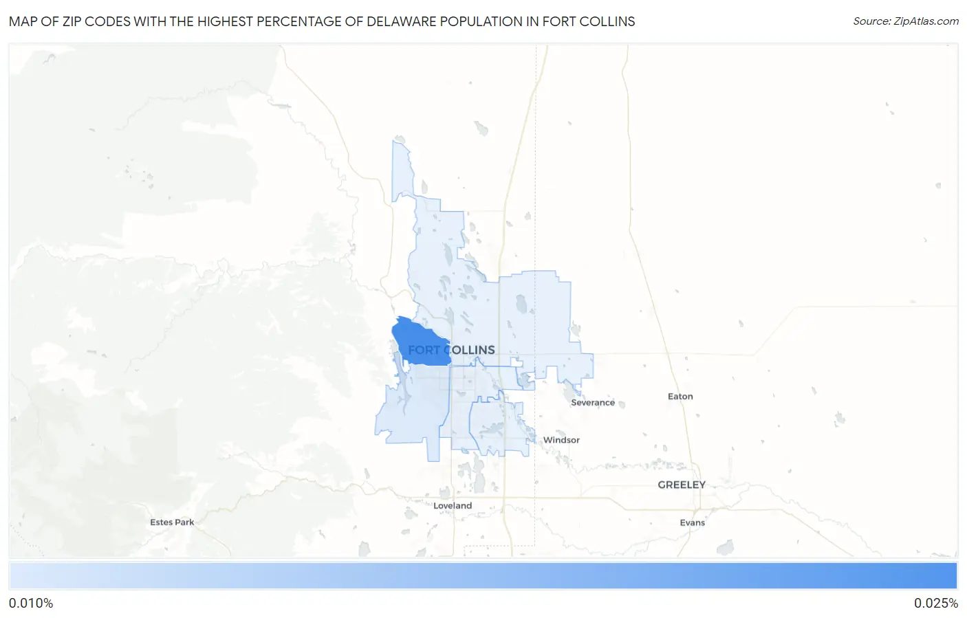Zip Codes with the Highest Percentage of Delaware Population in Fort Collins Map