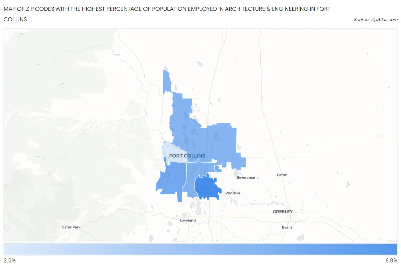 Zip Codes with the Highest Percentage of Population Employed in Architecture & Engineering in Fort Collins Map