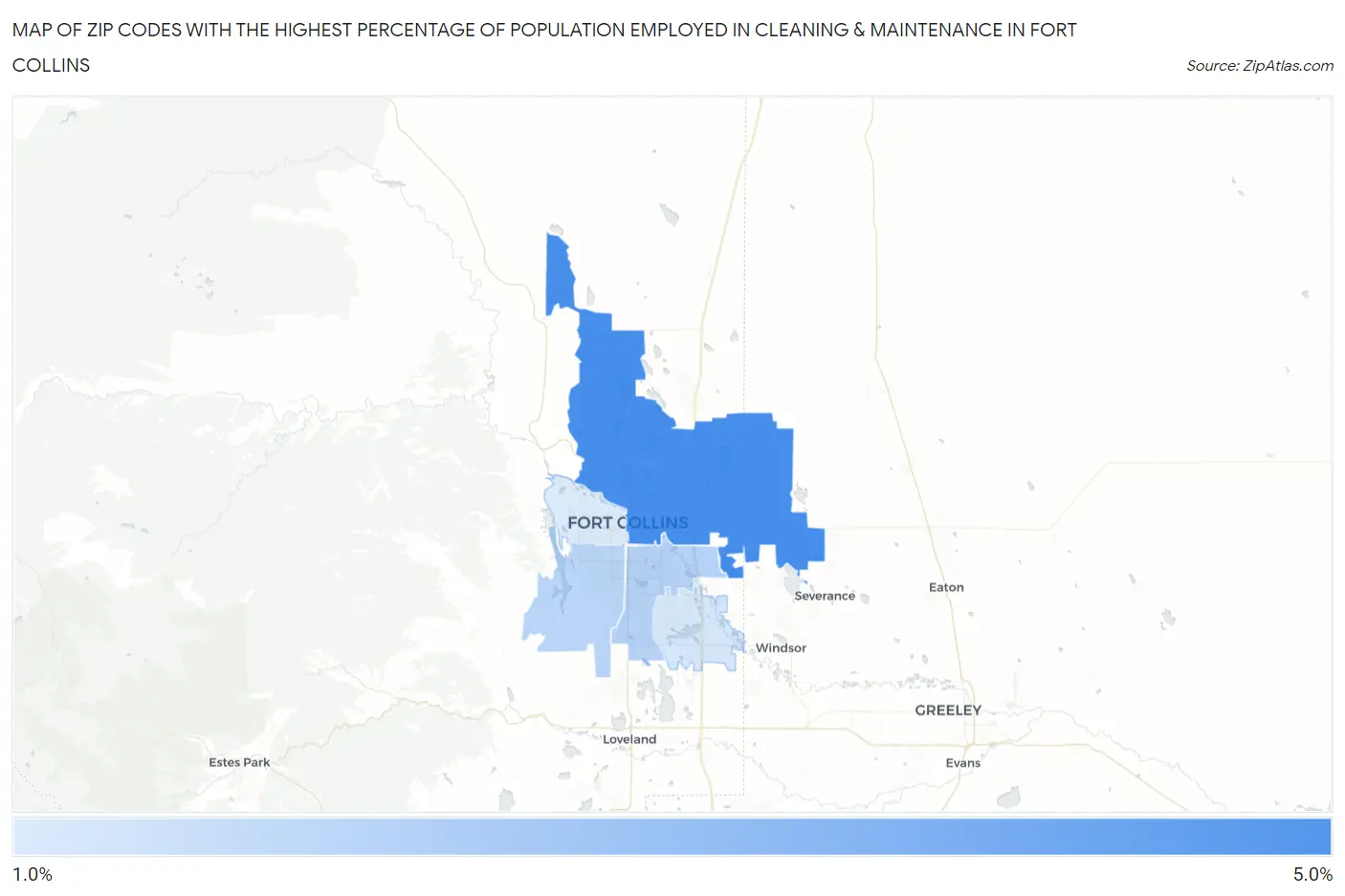 Zip Codes with the Highest Percentage of Population Employed in Cleaning & Maintenance in Fort Collins Map