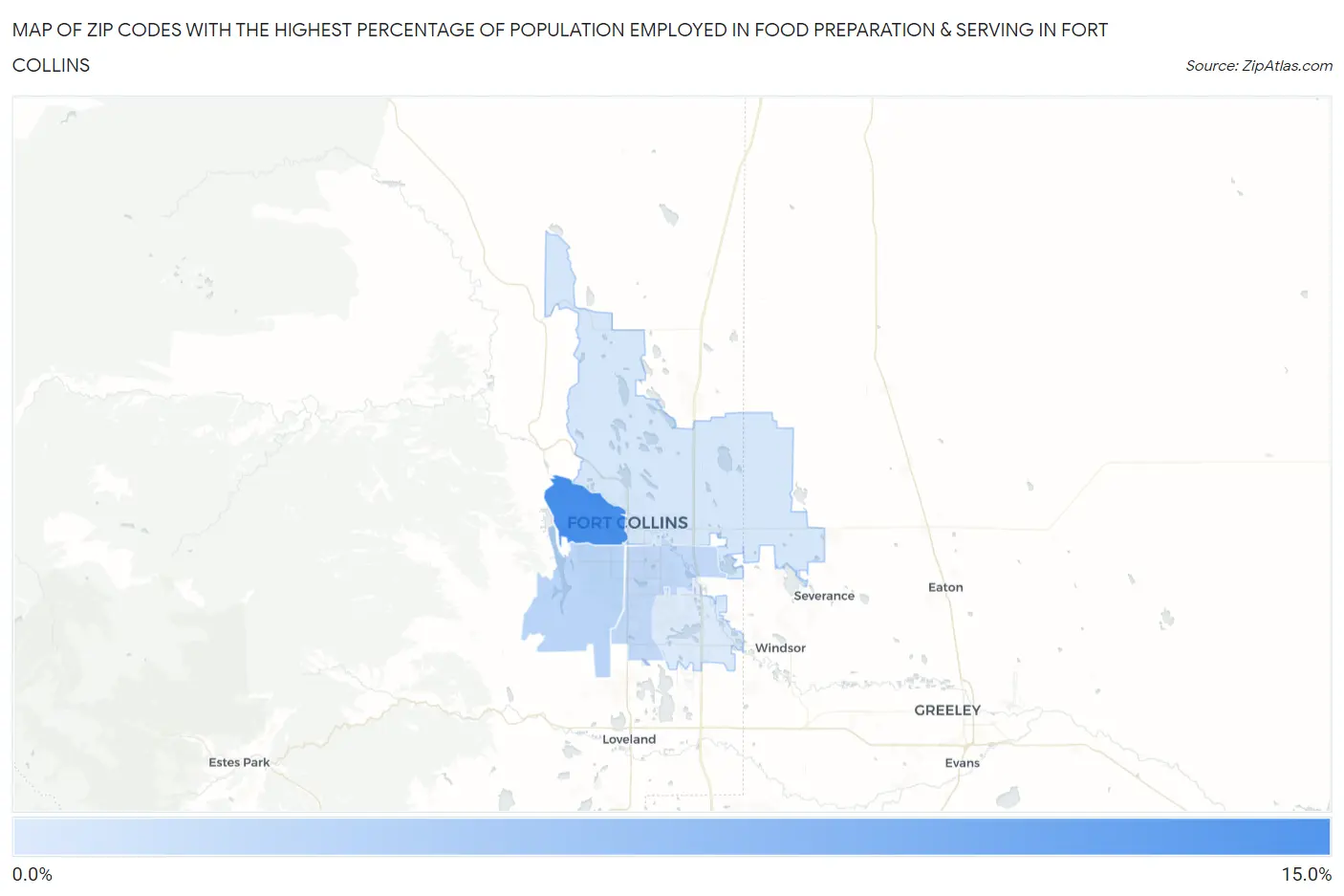 Zip Codes with the Highest Percentage of Population Employed in Food Preparation & Serving in Fort Collins Map