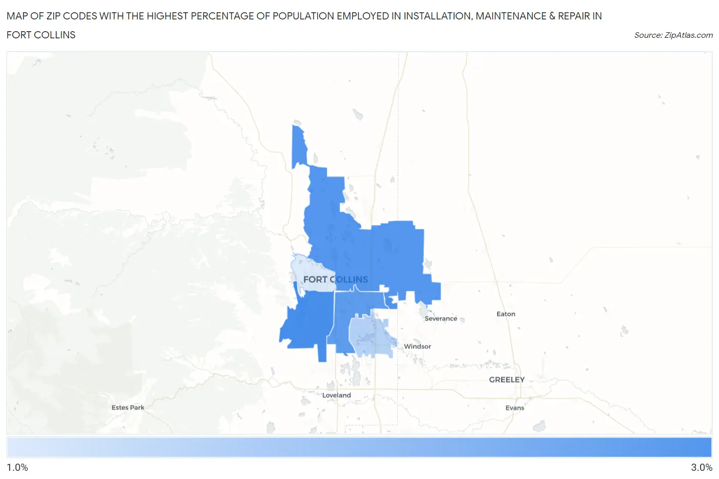 Zip Codes with the Highest Percentage of Population Employed in Installation, Maintenance & Repair in Fort Collins Map