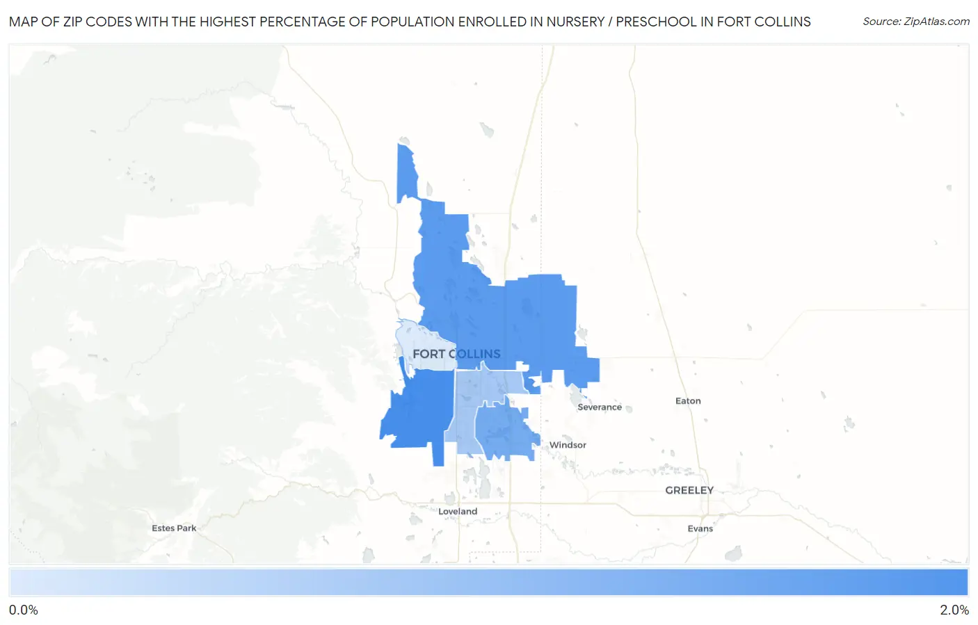 Zip Codes with the Highest Percentage of Population Enrolled in Nursery / Preschool in Fort Collins Map