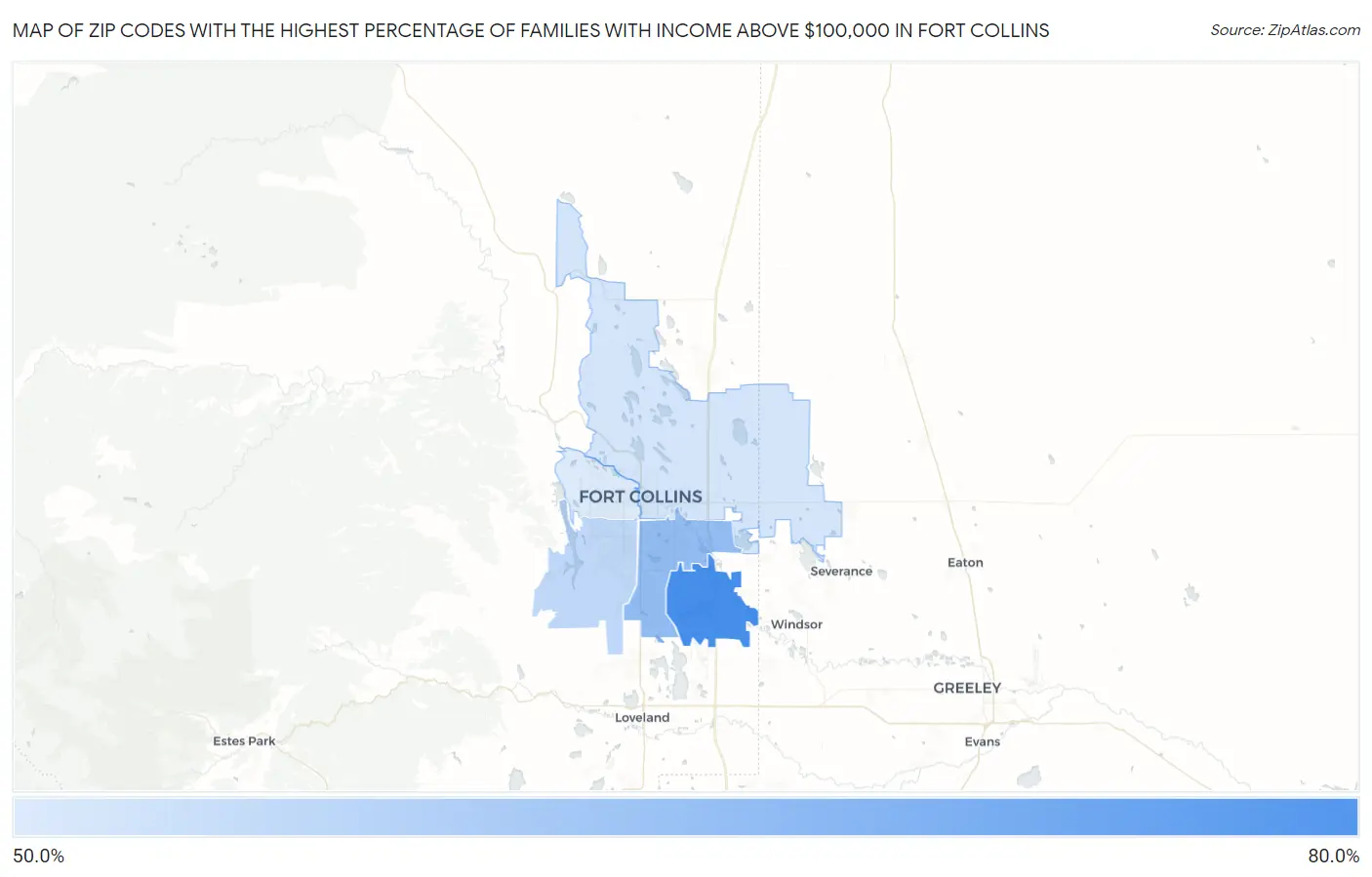 Zip Codes with the Highest Percentage of Families with Income Above $100,000 in Fort Collins Map