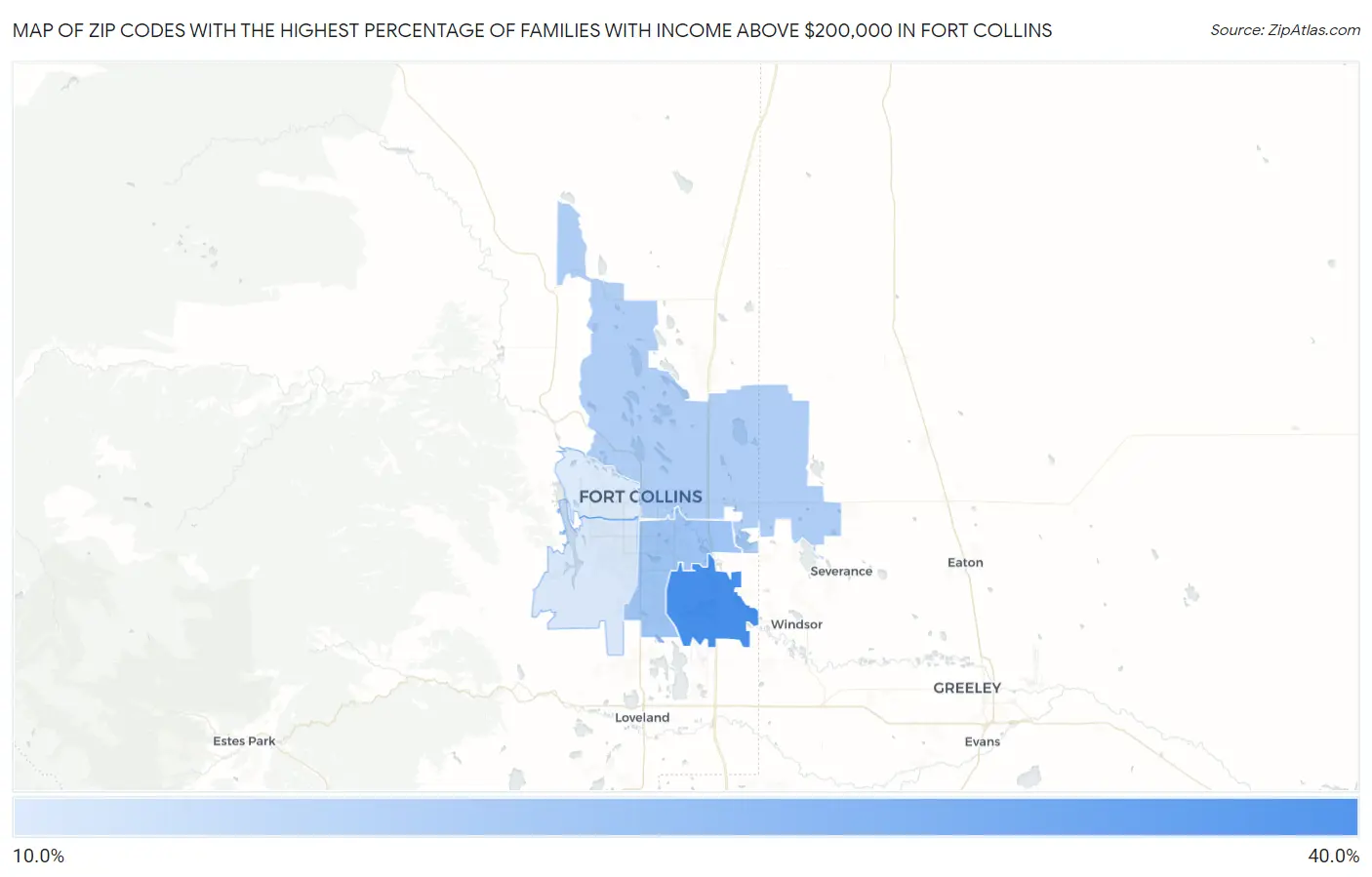 Zip Codes with the Highest Percentage of Families with Income Above $200,000 in Fort Collins Map