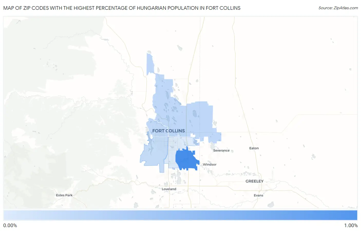 Zip Codes with the Highest Percentage of Hungarian Population in Fort Collins Map