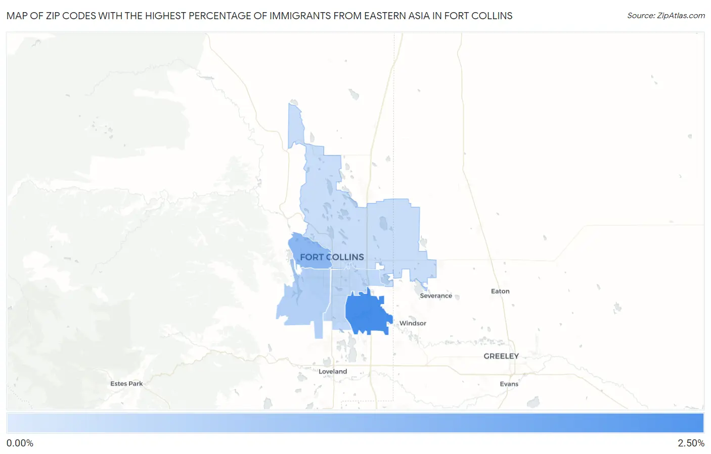Zip Codes with the Highest Percentage of Immigrants from Eastern Asia in Fort Collins Map