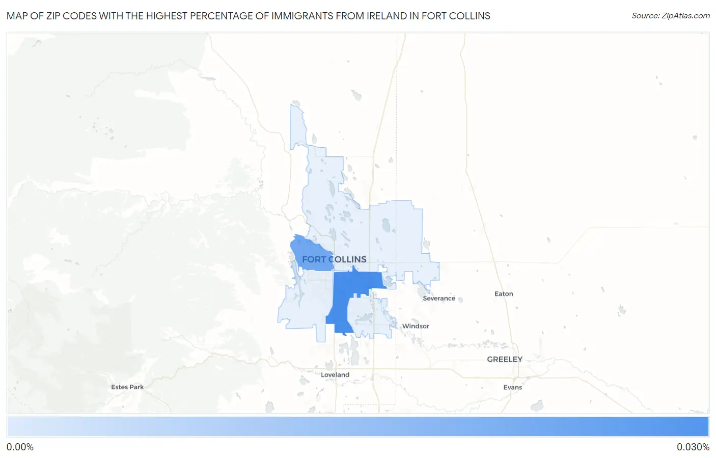 Zip Codes with the Highest Percentage of Immigrants from Ireland in Fort Collins Map