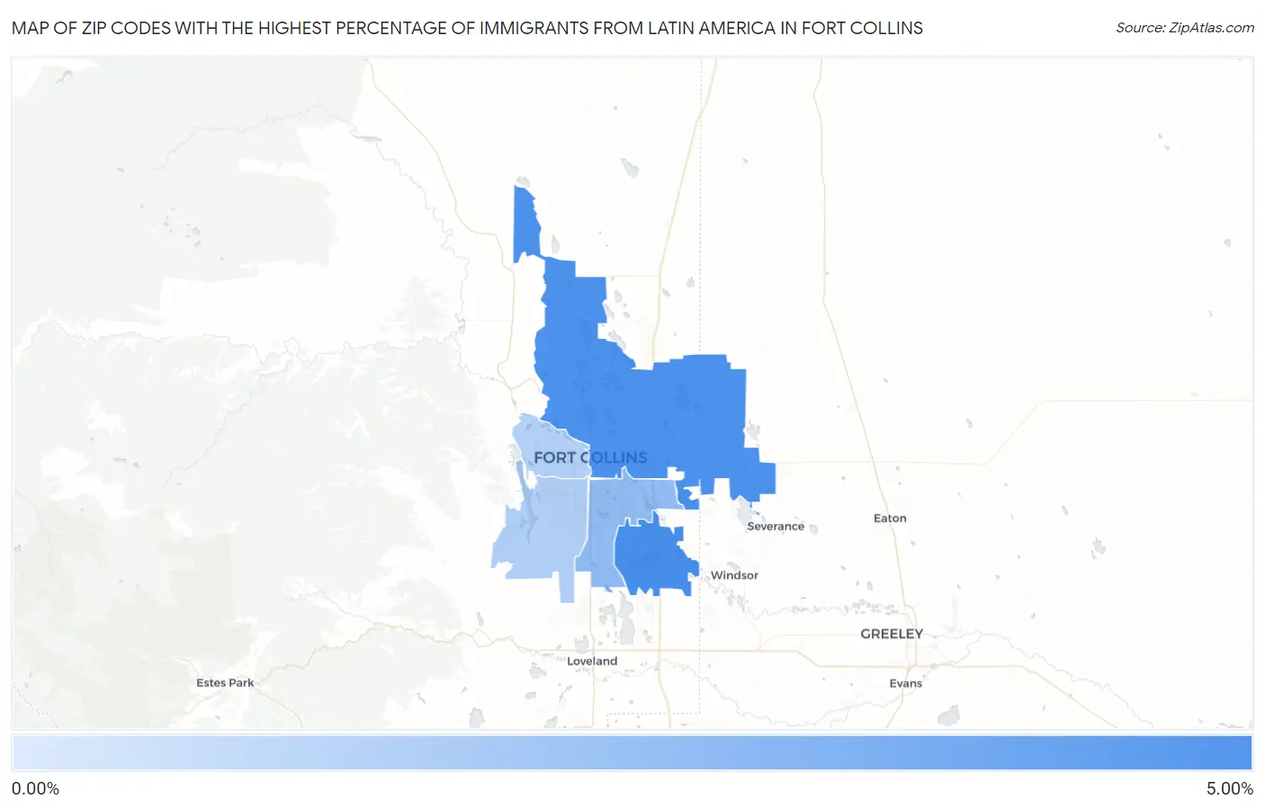 Zip Codes with the Highest Percentage of Immigrants from Latin America in Fort Collins Map