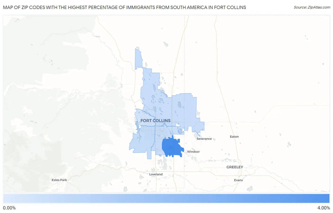 Zip Codes with the Highest Percentage of Immigrants from South America in Fort Collins Map