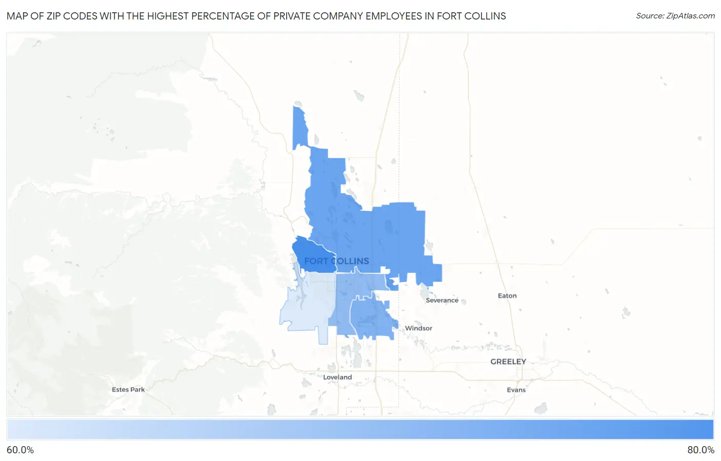 Zip Codes with the Highest Percentage of Private Company Employees in Fort Collins Map