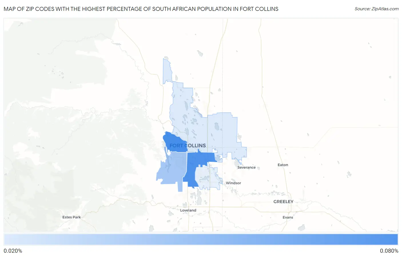 Zip Codes with the Highest Percentage of South African Population in Fort Collins Map