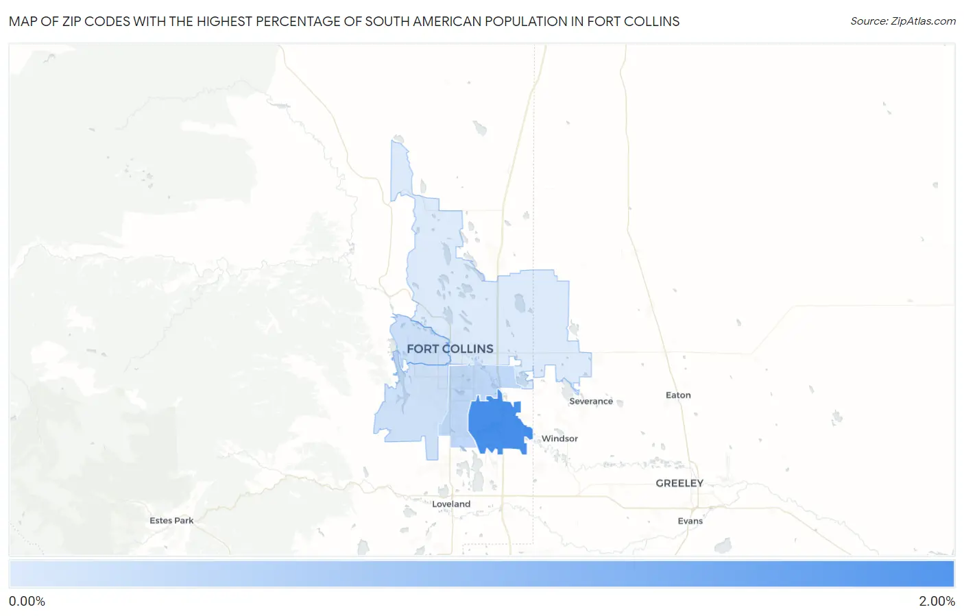 Zip Codes with the Highest Percentage of South American Population in Fort Collins Map