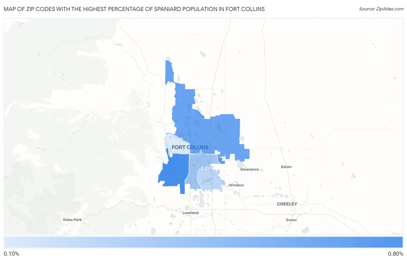 Zip Codes with the Highest Percentage of Spaniard Population in Fort Collins Map
