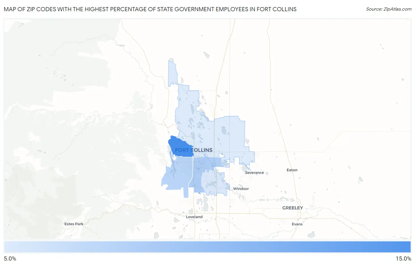 Zip Codes with the Highest Percentage of State Government Employees in Fort Collins Map