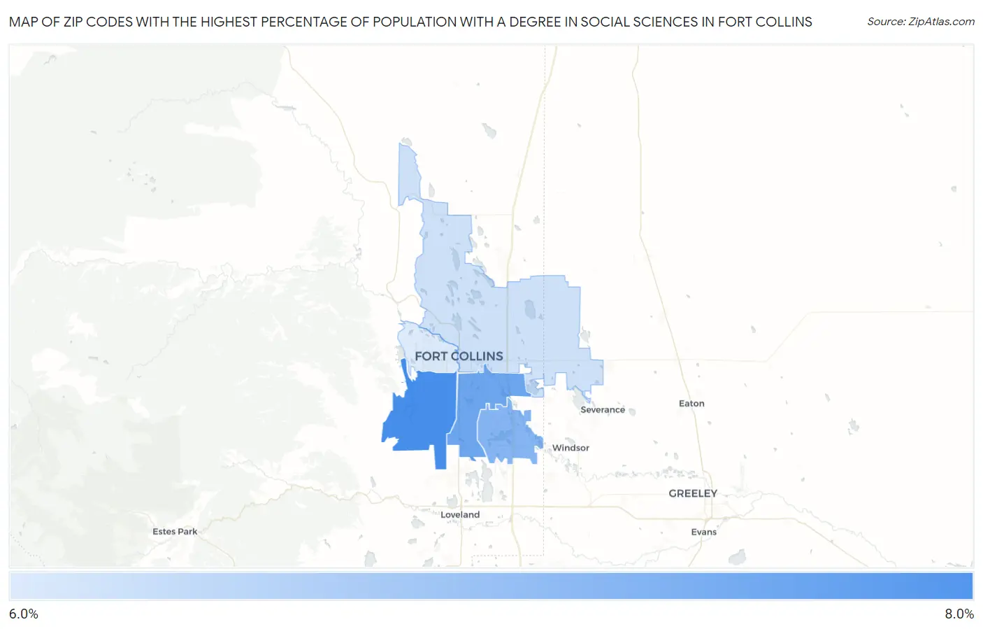 Zip Codes with the Highest Percentage of Population with a Degree in Social Sciences in Fort Collins Map