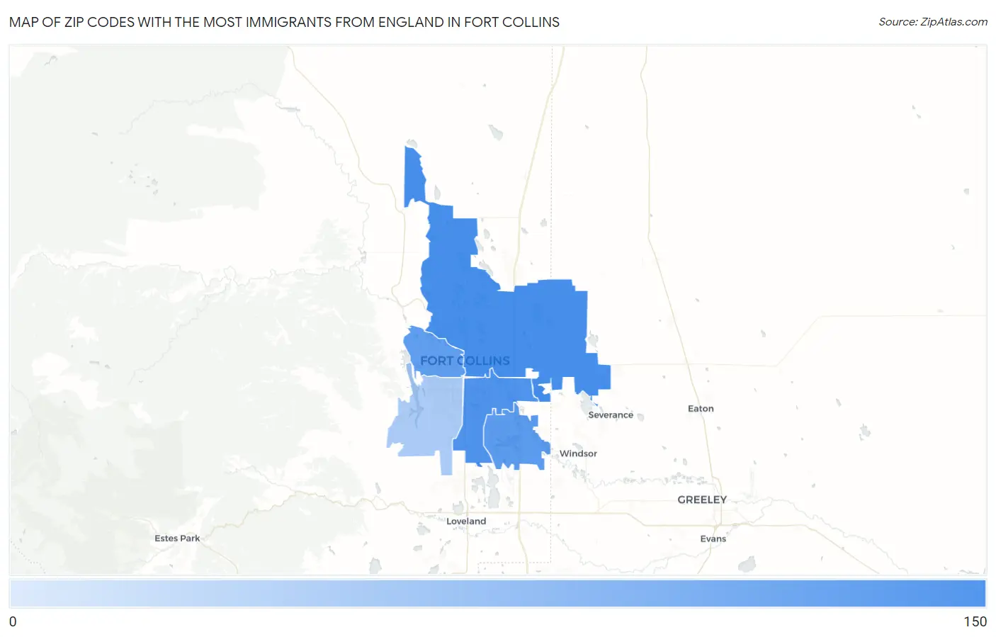 Zip Codes with the Most Immigrants from England in Fort Collins Map