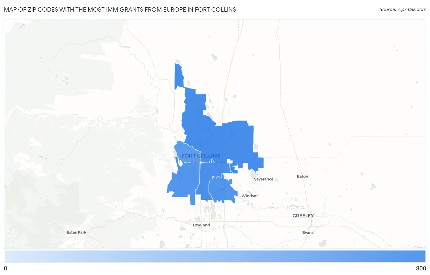 Zip Codes with the Most Immigrants from Europe in Fort Collins Map