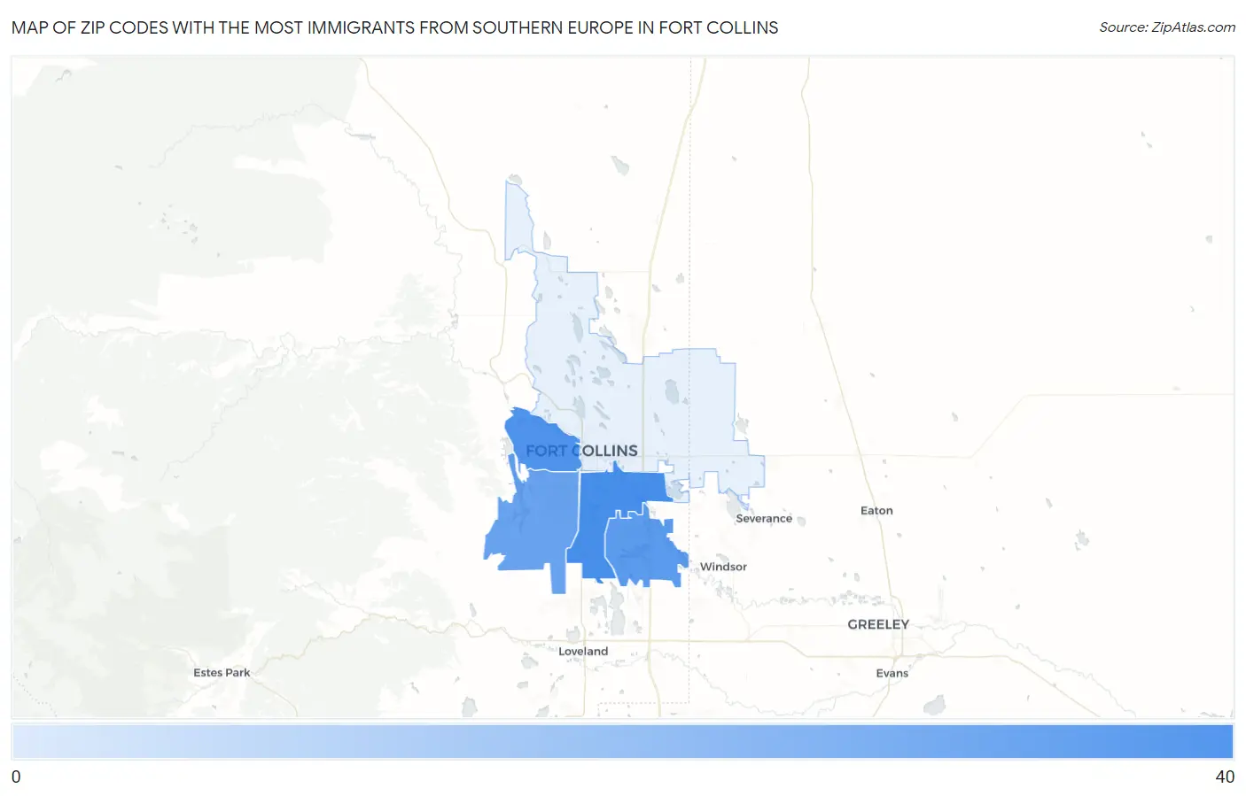 Zip Codes with the Most Immigrants from Southern Europe in Fort Collins Map