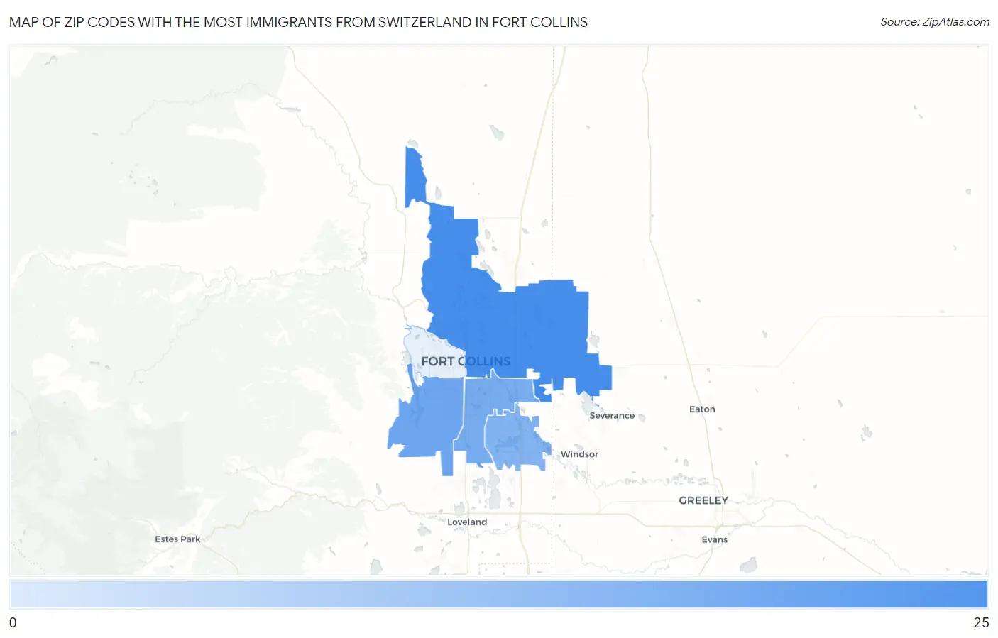 Zip Codes with the Most Immigrants from Switzerland in Fort Collins Map