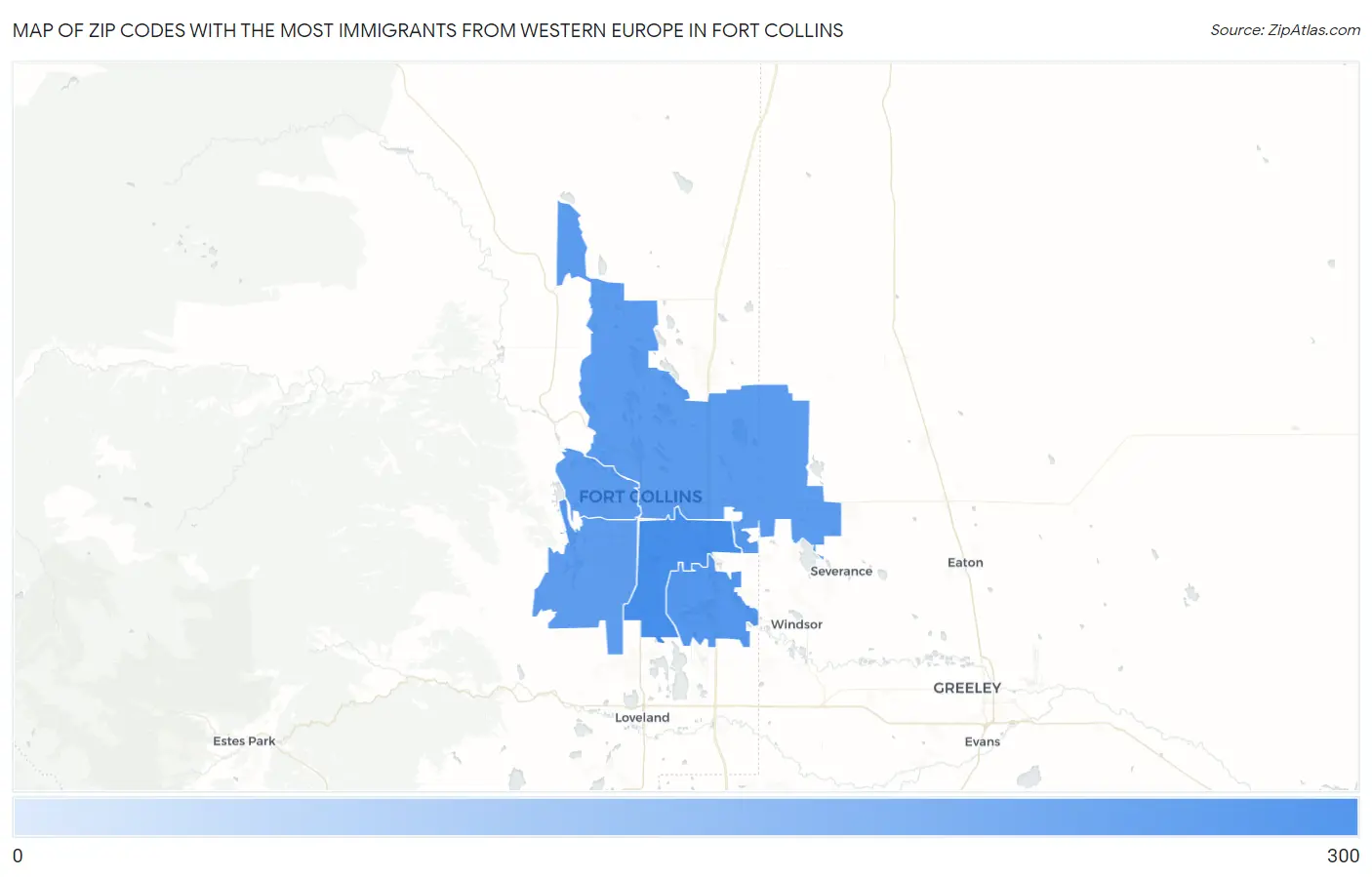 Zip Codes with the Most Immigrants from Western Europe in Fort Collins Map