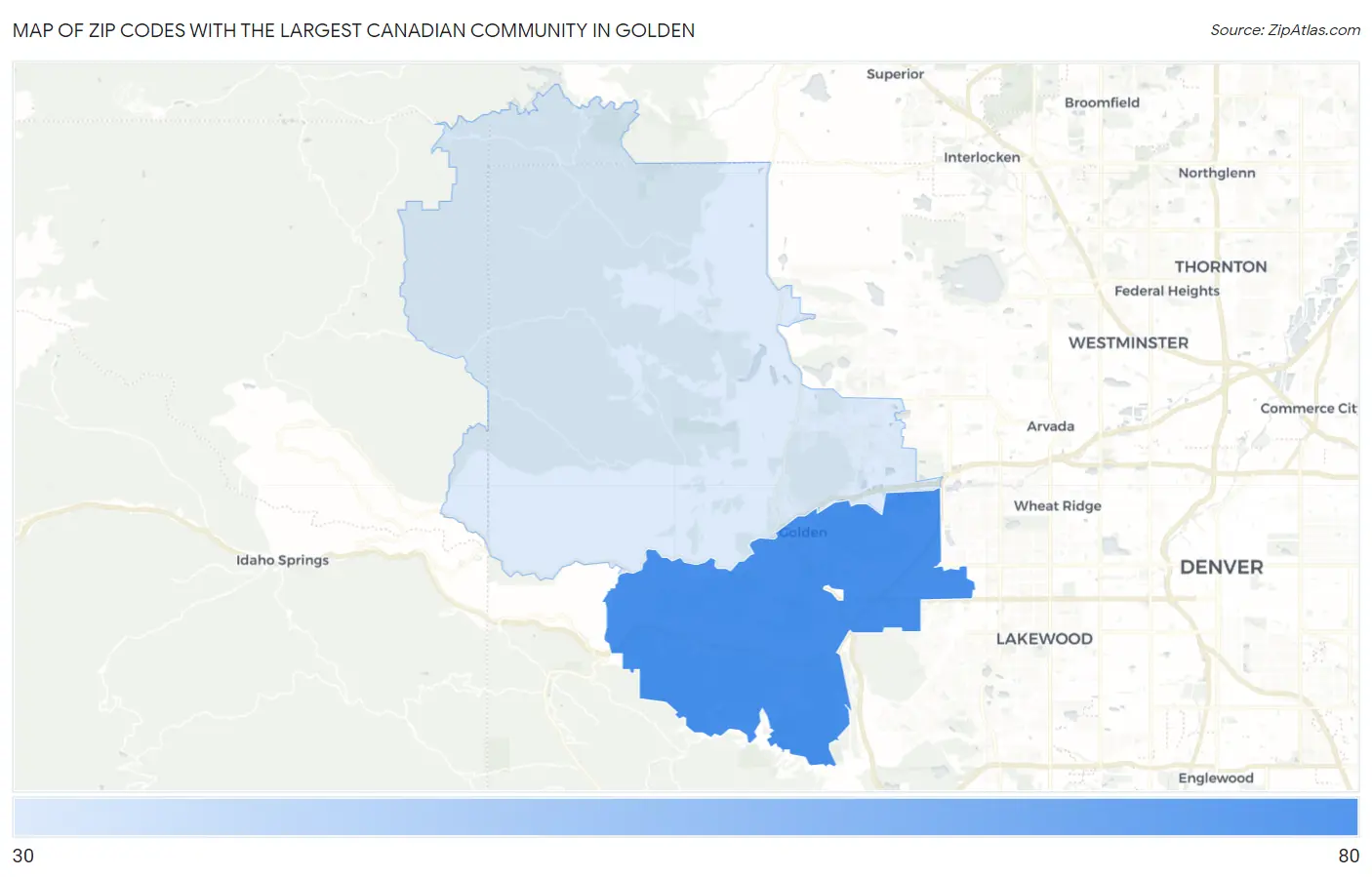 Zip Codes with the Largest Canadian Community in Golden Map